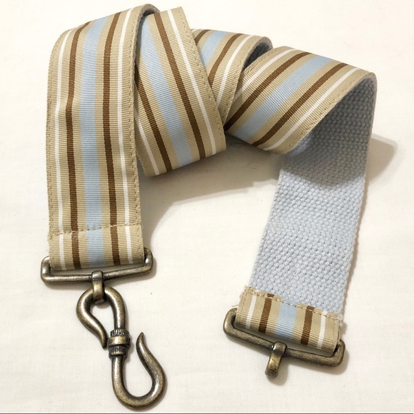 Vintage Gap Women’s Blue/Tan/White Canvas Ribbon Belt w/Brass S-Hook Buckle - M - Picture 1 of 14